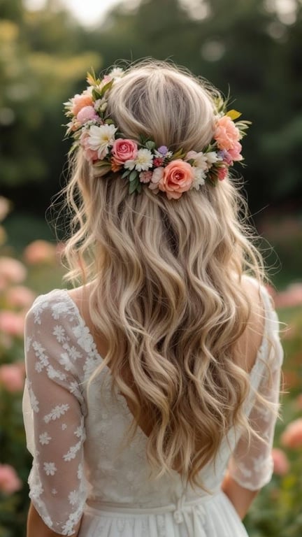 A woman with long, wavy hair adorned with a colorful flower crown, standing in a garden.