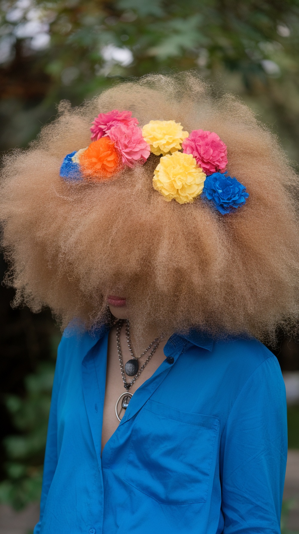 A person with a large afro hairstyle adorned with colorful flowers, wearing a blue shirt.
