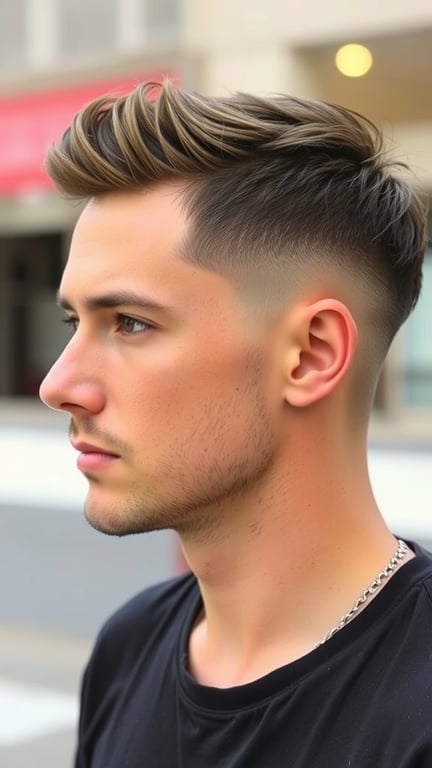 A man with a stylish French Crop haircut, featuring short sides and textured hair on top.