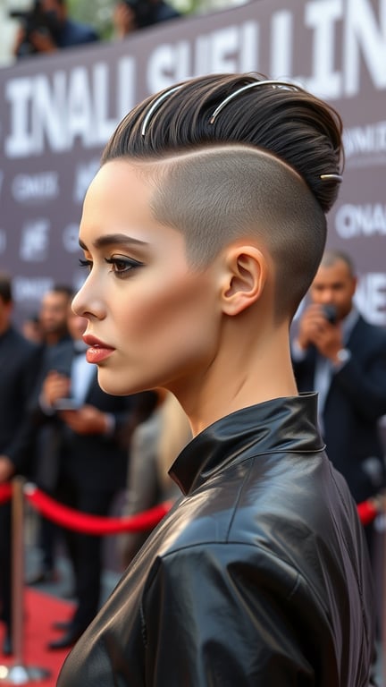 A model with a futuristic slicked back hairstyle, featuring shaved sides and metallic hair accessories, posing on the red carpet.