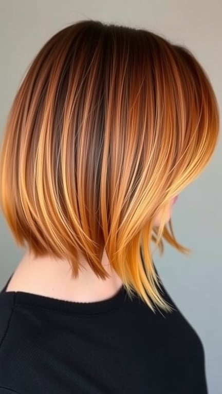 A stylish ginger ombre bob hairstyle with deep brown roots transitioning to vibrant ginger and golden highlights.