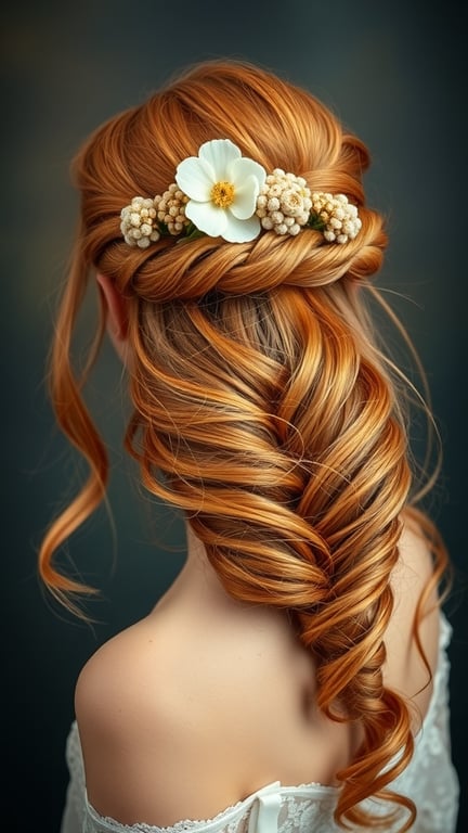 A golden ginger half-up hairstyle featuring twisted hair and floral accents.