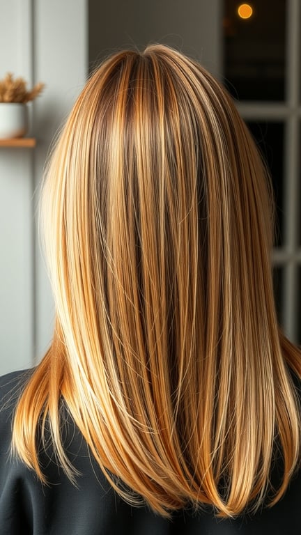 Long hair with golden honey highlights, showcasing a mix of warm tones.