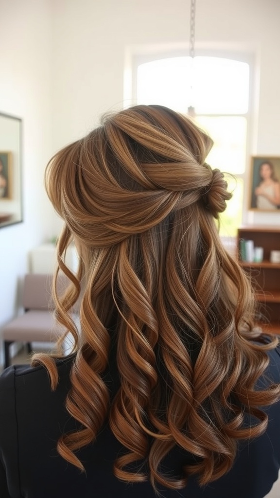 A woman with a half-up hairstyle featuring wispy bangs and cascading curls.