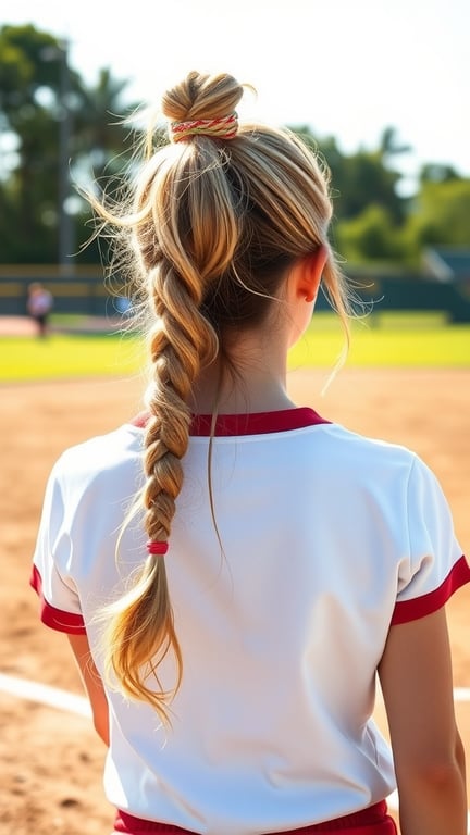 A young softball player with a half-up bun and braided hair, wearing a white jersey with red accents.