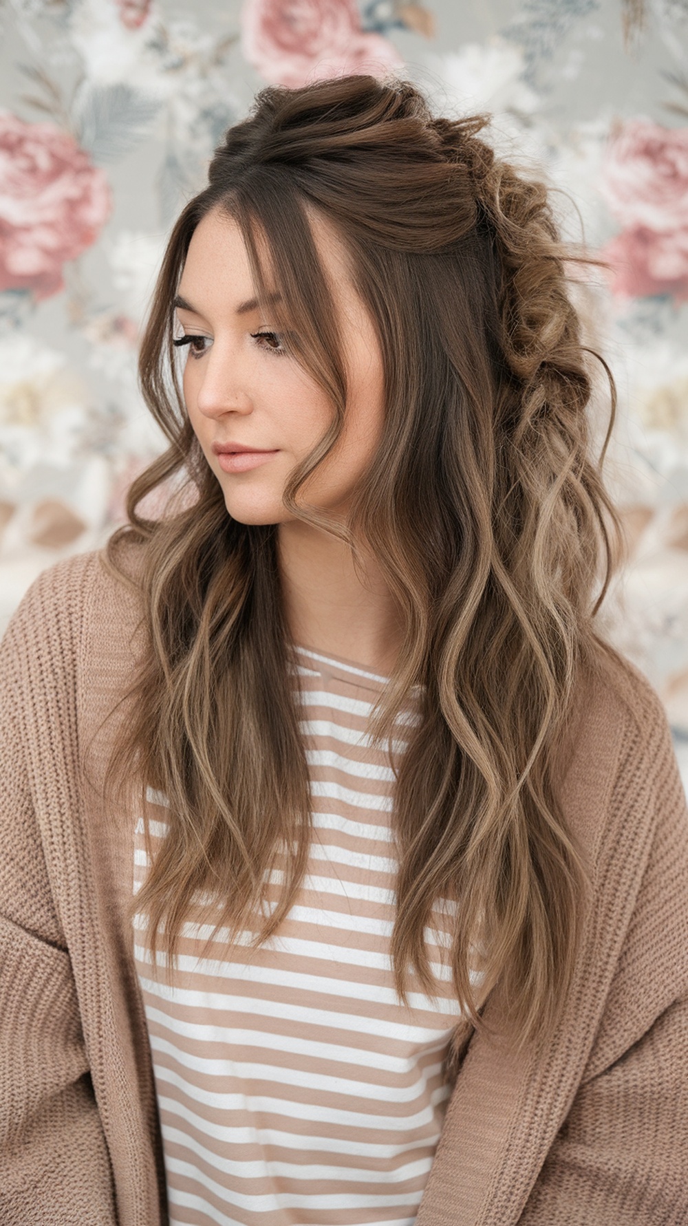 A woman with long layered curly hair styled in a half-up half-down look, wearing a striped shirt and a cozy cardigan.