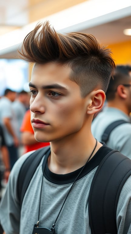 A young man with a stylish half-up, half-down hairstyle, showcasing a modern look.