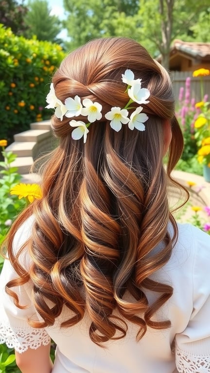 A half-up half-down hairstyle featuring twisted hair and white flowers, with soft curls cascading down.