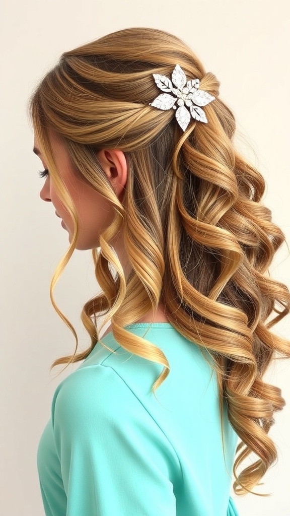 A woman with half-up, half-down hairstyle featuring curls and a decorative hair clip.