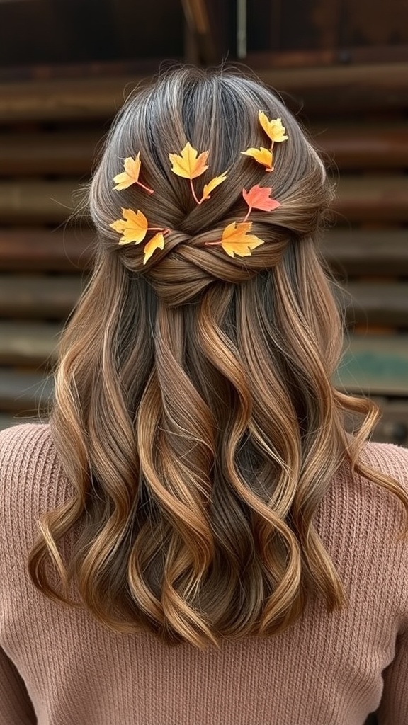 A half-up, half-down hairstyle adorned with autumn leaves.