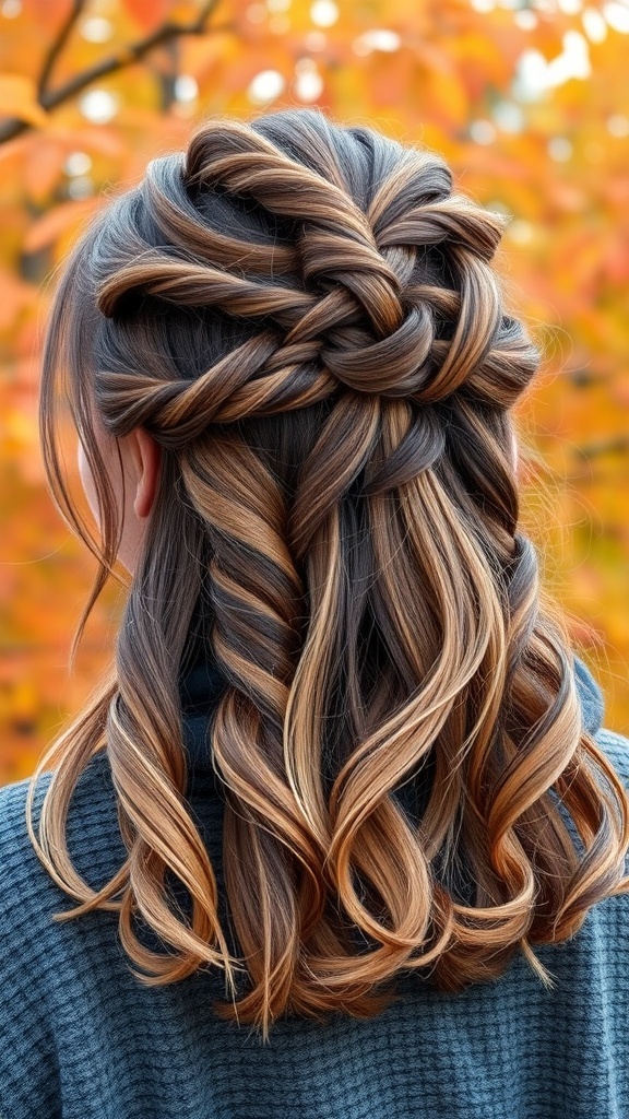 A stylish half-up half-down hairstyle with twists, showcasing beautiful autumn colors.