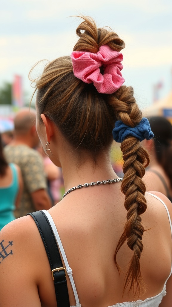 A woman with a half-up ponytail featuring pink and blue scrunchies, showcasing a braided section of hair.