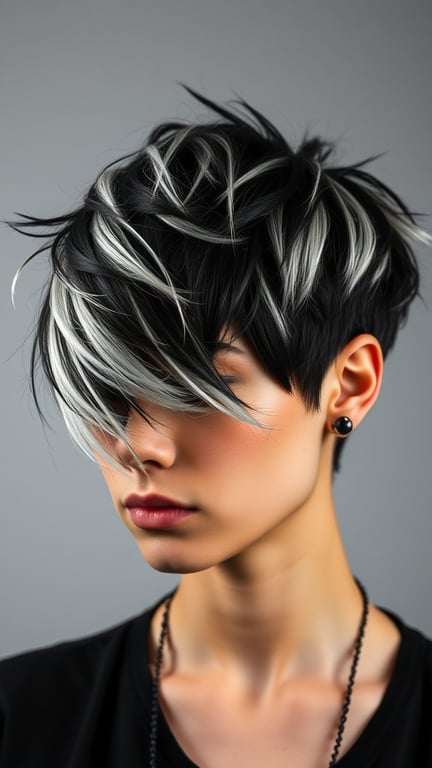 A person with a high-contrast black and white hairstyle, featuring a short cut with layered texture and striking highlights.