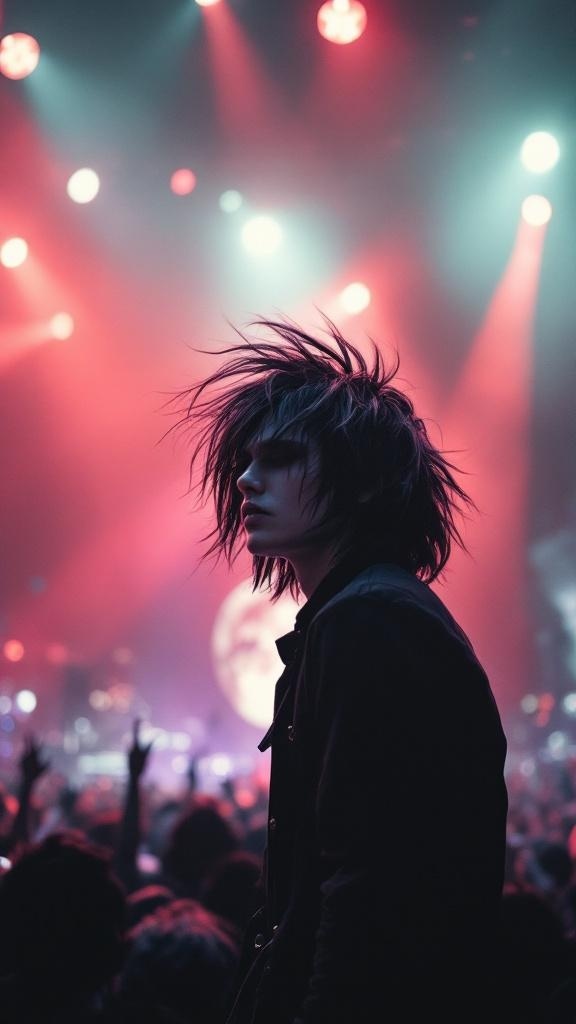 A person with a shag haircut at a concert, surrounded by colorful lights and an energetic crowd.