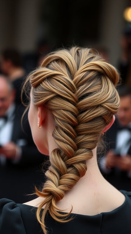 A close-up of a beautifully styled intricate fishtail braid on a woman's hair.