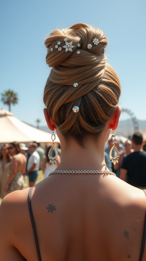 A woman with an intricate updo hairstyle adorned with glittering hair accessories, viewed from the back at Coachella.