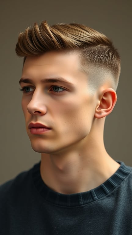 A young man with an Ivy League haircut, featuring short sides and a styled top.