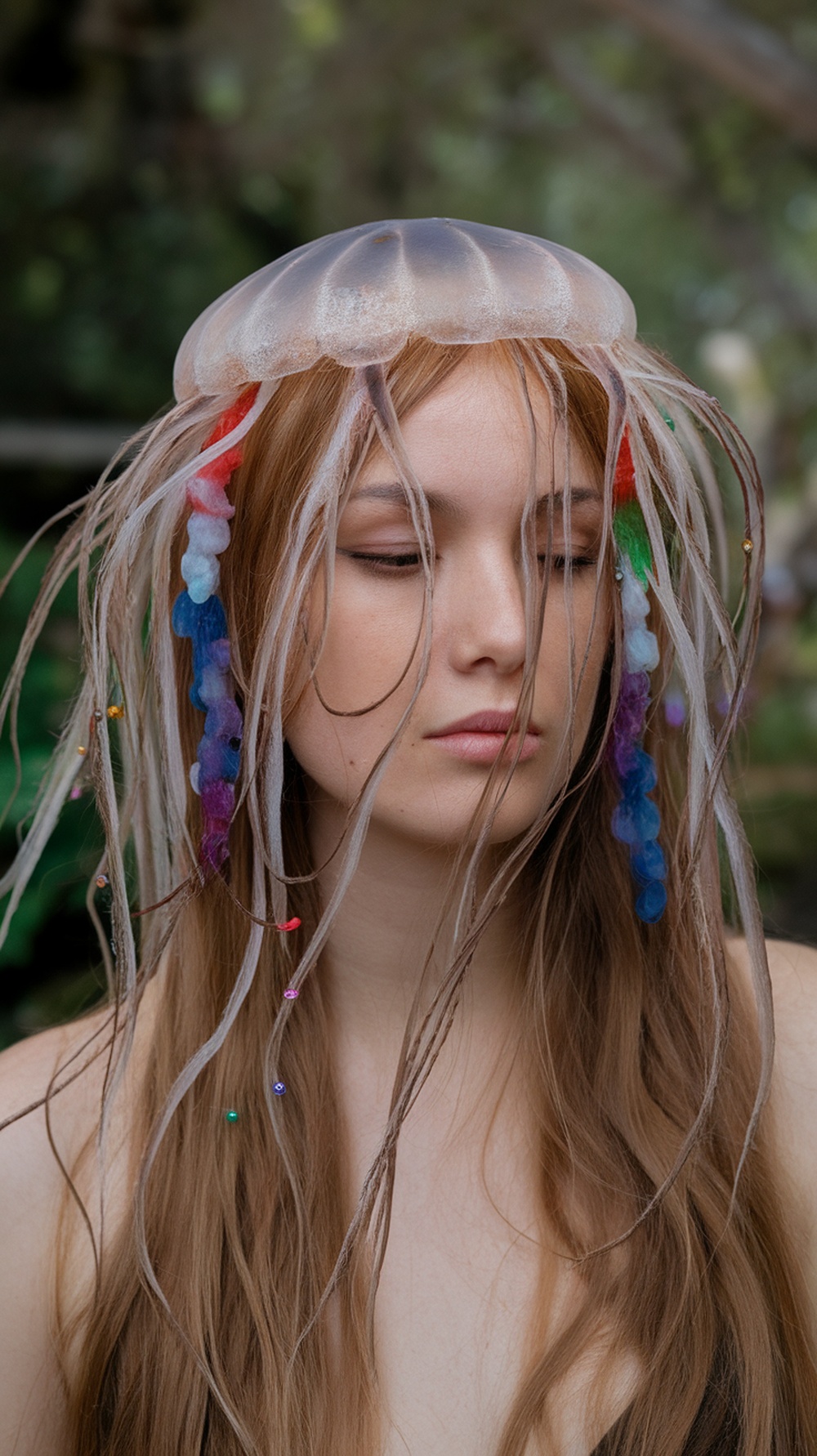 A person with a jellyfish-inspired hairstyle, featuring colorful tendrils and a jellyfish-shaped accessory on their head.