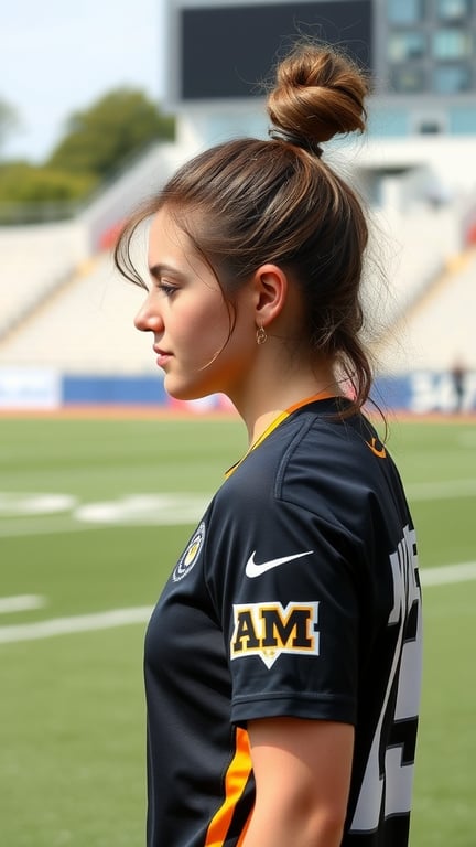 A young athlete with a knotted half-up hairstyle, wearing a sports jersey on a field.