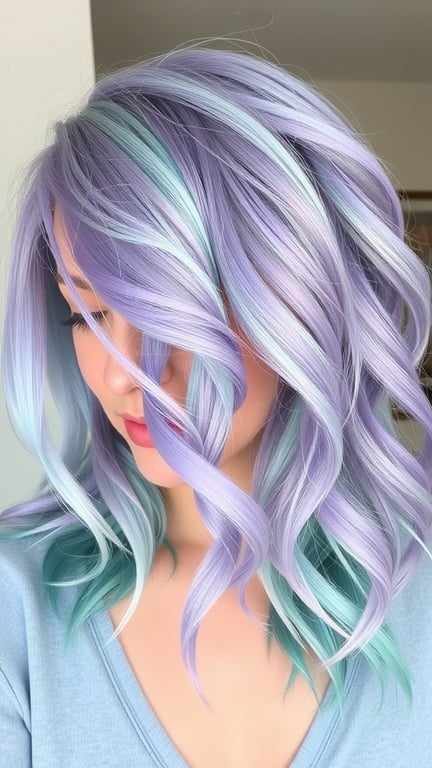 A woman with lavender and teal hair styled in soft curls