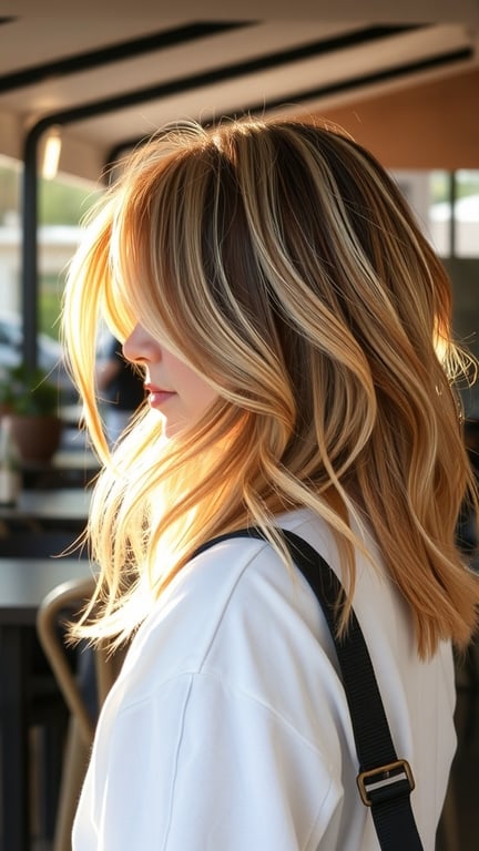 A woman with layered hair and highlights, showcasing a stylish and modern haircut.