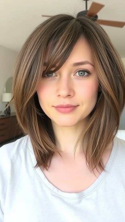 A woman with a layered haircut and side-swept bangs, showcasing a stylish and modern look.