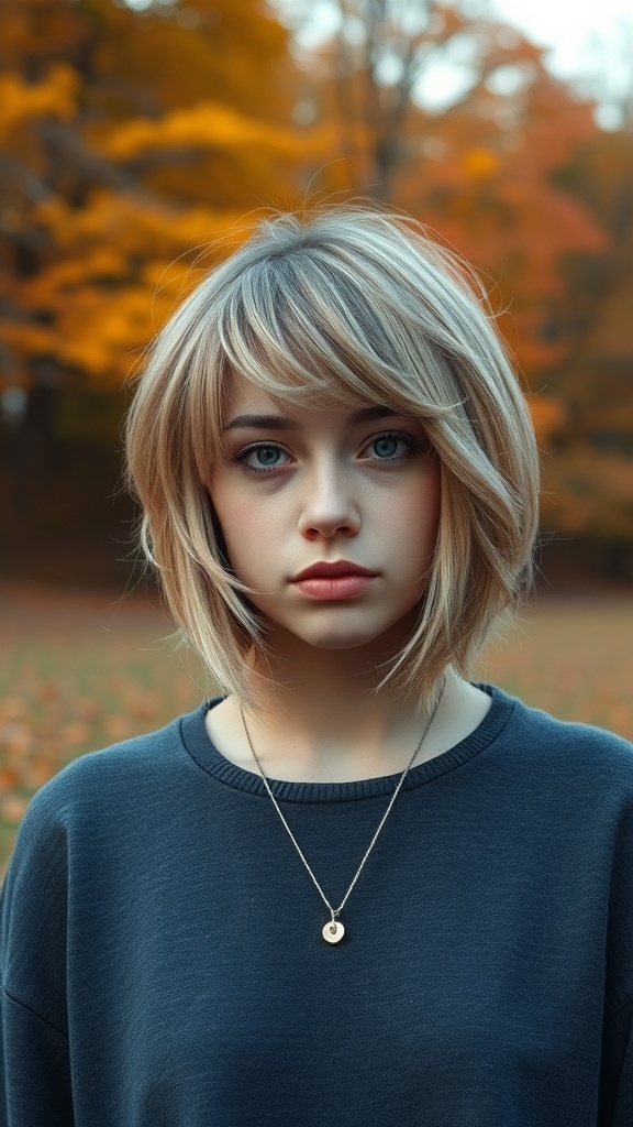 A young woman with a layered haircut and soft face-framing pieces, set against a backdrop of autumn foliage.