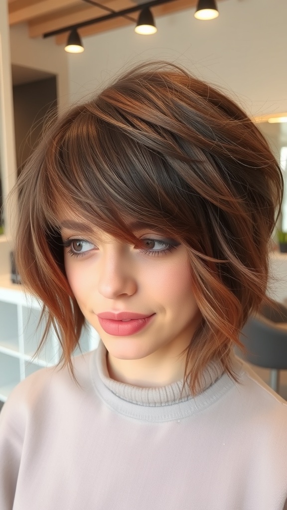 A woman with a layered fringe and wispy bangs, showcasing a stylish hairstyle.