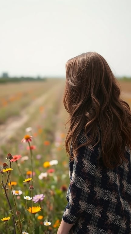 A woman with layered waves standing in a field of flowers, embodying a bohemian vibe.