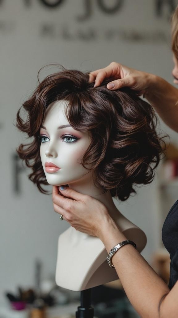 A mannequin with a stylish shag haircut, featuring soft curls and layers, being adjusted by a person's hand.
