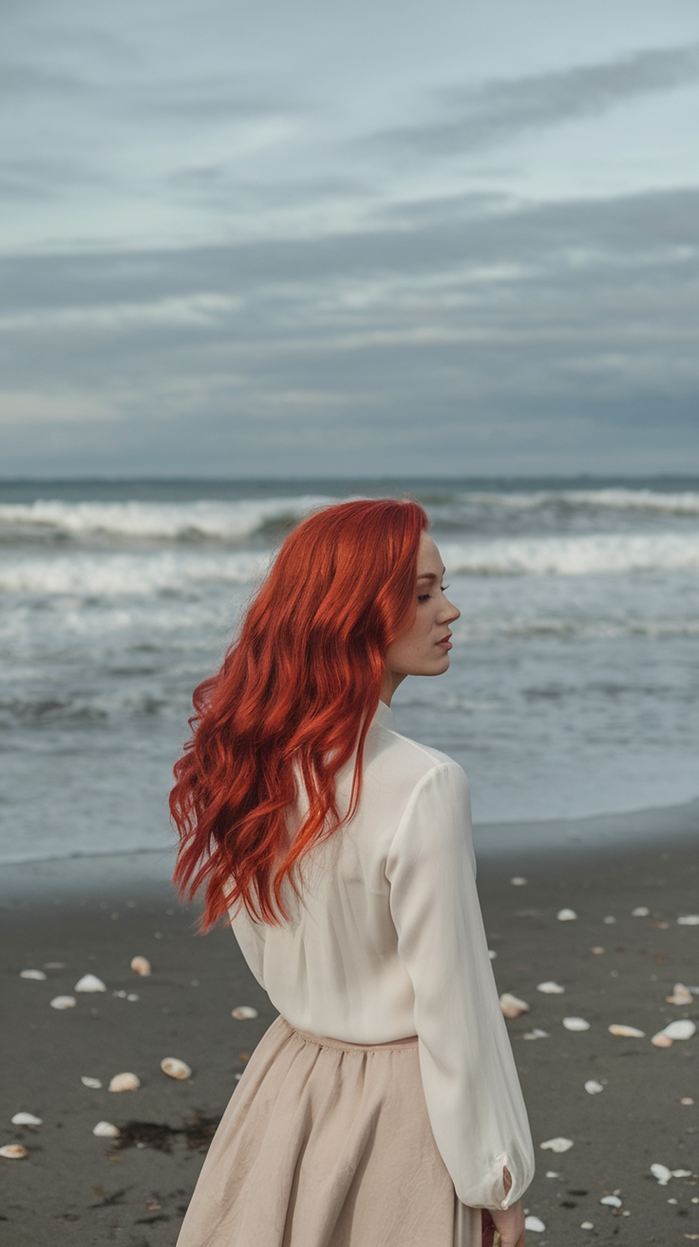 A woman with long cherry bomb waves standing by the beach.