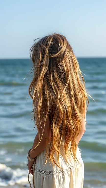 Long gypsy shag hairstyle with beachy waves and golden highlights, viewed from the back near the ocean.
