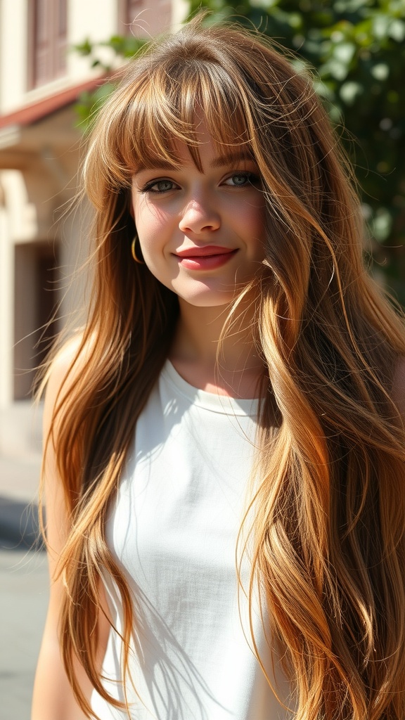 A young woman with long hair and wispy bangs, featuring warm highlights, smiling outdoors.