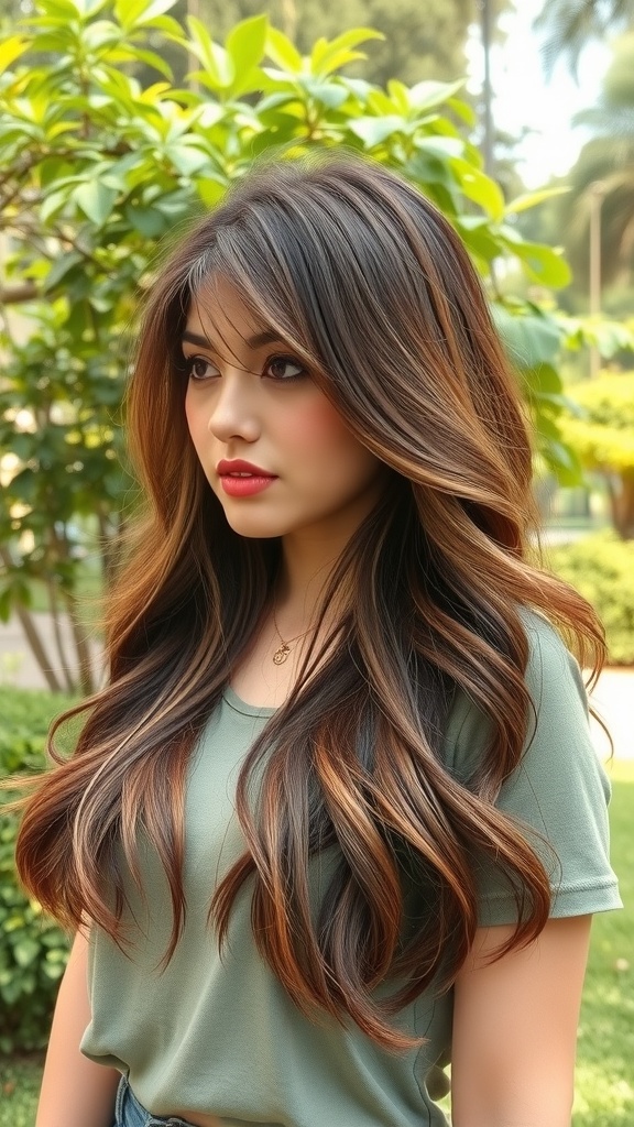 A woman with long layered hair and wispy bangs, surrounded by greenery.