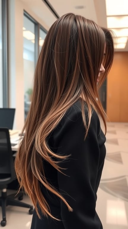 Long mullet hairstyle with a side part, featuring flowing hair and a modern look.