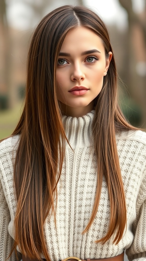 A woman with long straight hair and a center part, wearing a cozy sweater.