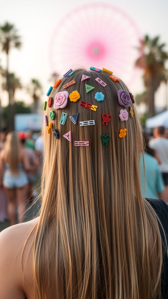 A person with long straight hair adorned with colorful hairpins, set against a festival background with palm trees and a Ferris wheel.
