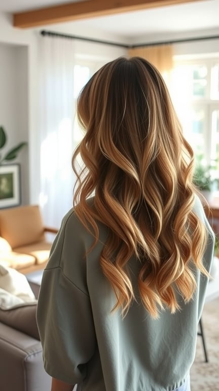 A woman with long, wavy, textured hair, showcasing a stylish long shag haircut.