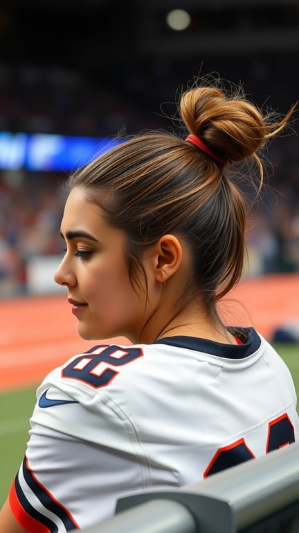 A young woman with a low side bun hairstyle, wearing a sports jersey, sitting on the sidelines.