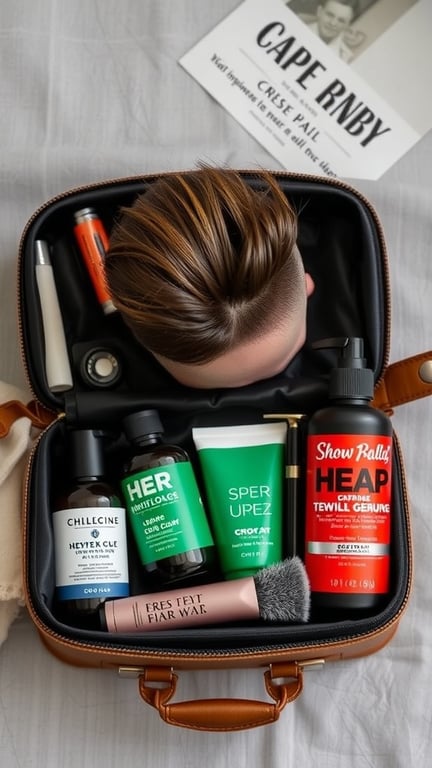 A collection of hair products for maintaining a temple fade hairstyle, including gels, creams, and a brush.
