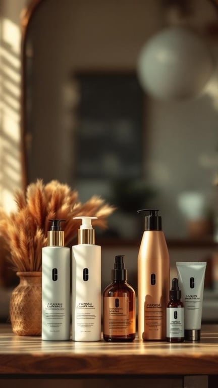 A collection of hair care products for maintaining caramel highlights on brown hair.