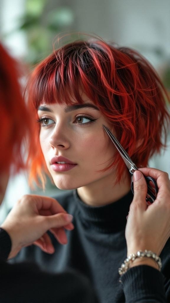 A stylist trimming a vibrant red shag haircut on a young woman.
