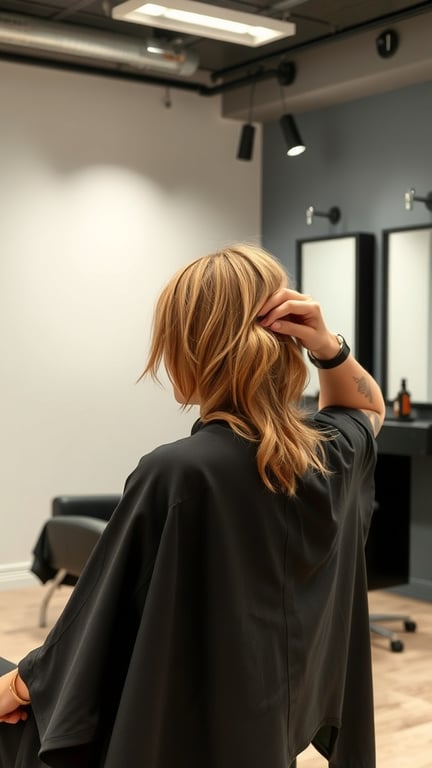 A person with shaggy, layered hair in a salon setting, showcasing a gypsy shag hairstyle.