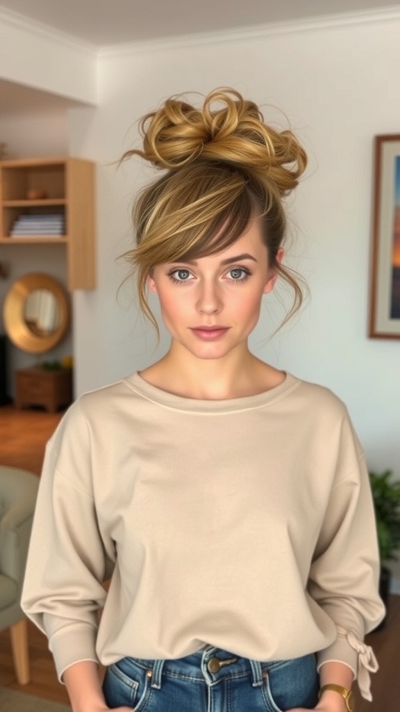 A woman with a messy beehive hairstyle, wearing a beige top and denim jeans, standing in a cozy indoor setting.