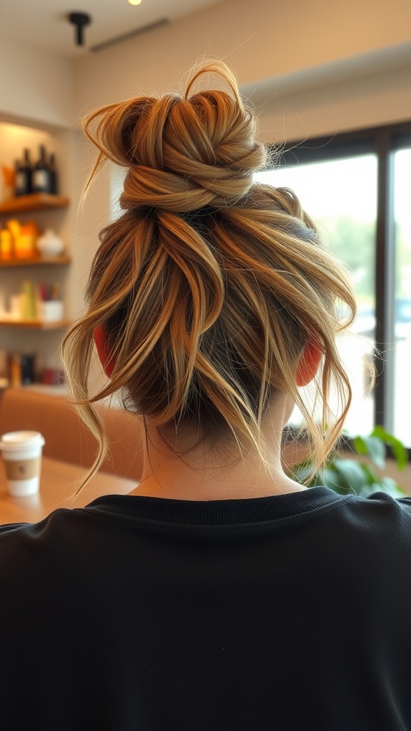 A woman with a messy bun and wispy bangs, viewed from the back, showcasing a casual and stylish hairstyle.