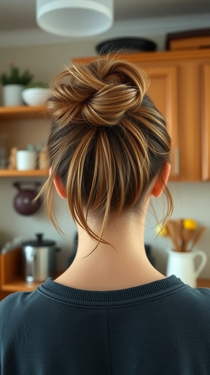 A woman with a messy bun hairstyle, featuring face-framing strands, seen from the back.
