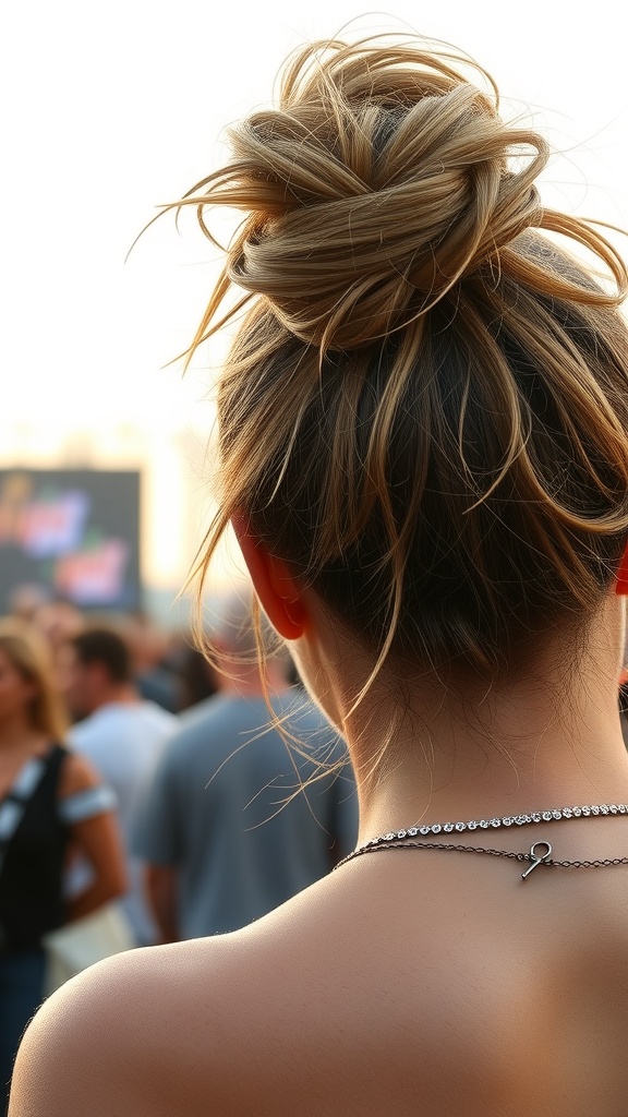 A woman with a messy bun hairstyle adorned with glitter at the roots, enjoying a festival atmosphere.