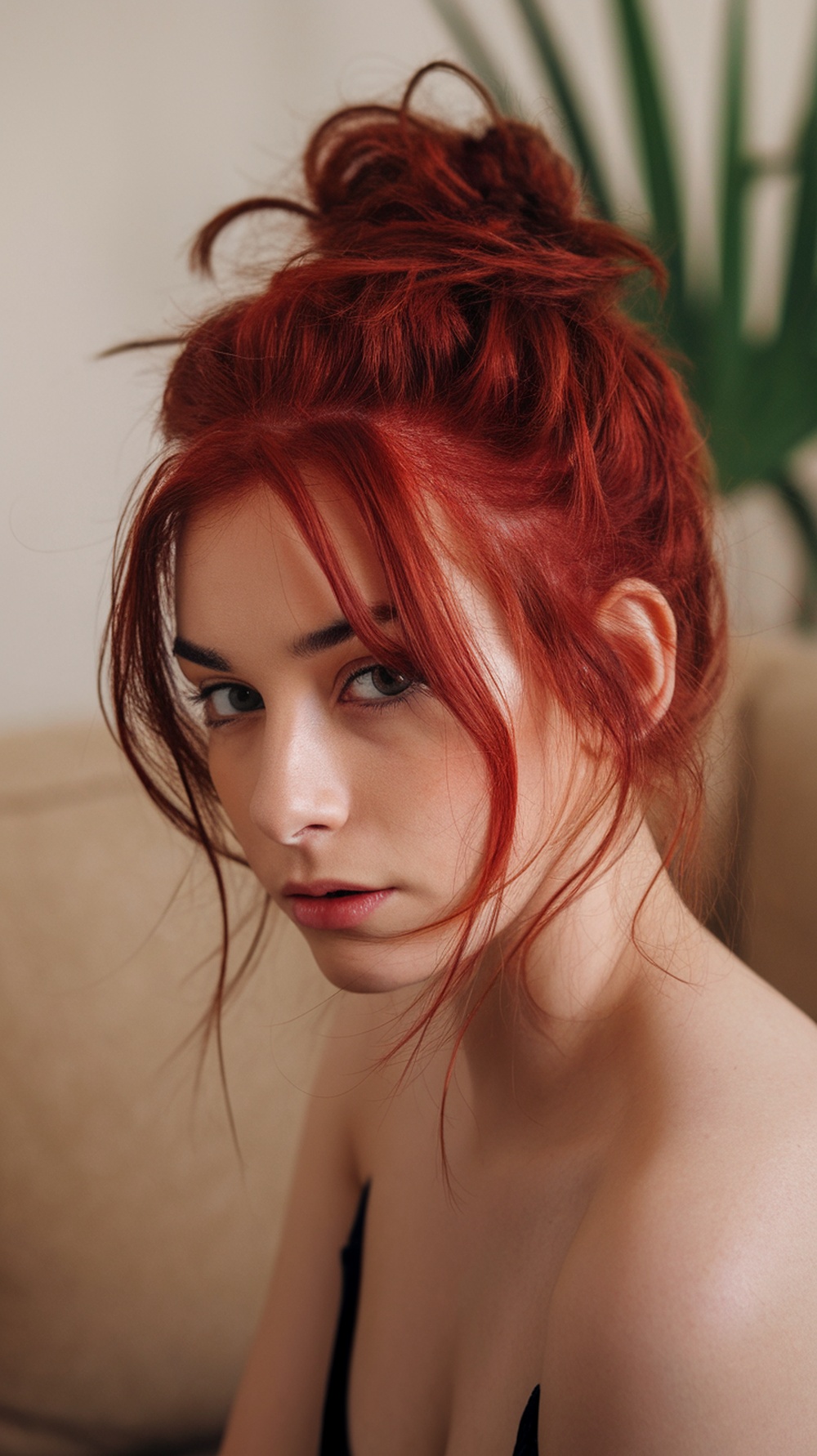 A young woman with a messy cherry bomb bun hairstyle, showcasing vibrant red hair.