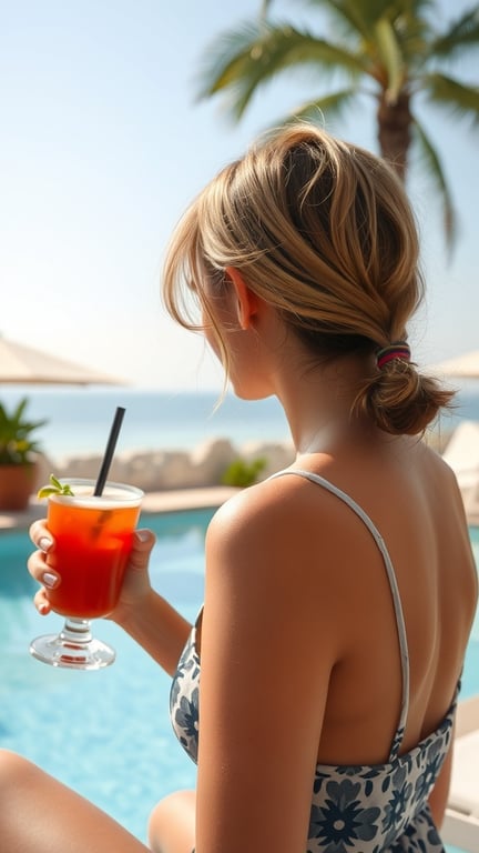 A woman with a messy low ponytail enjoying a drink by the poolside.