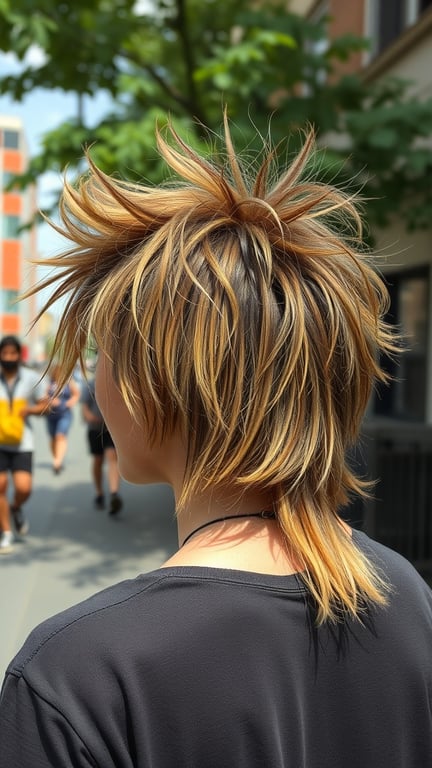A person with a messy mullet hairstyle featuring highlights, showing a spiky top and longer back, walking in a city street.